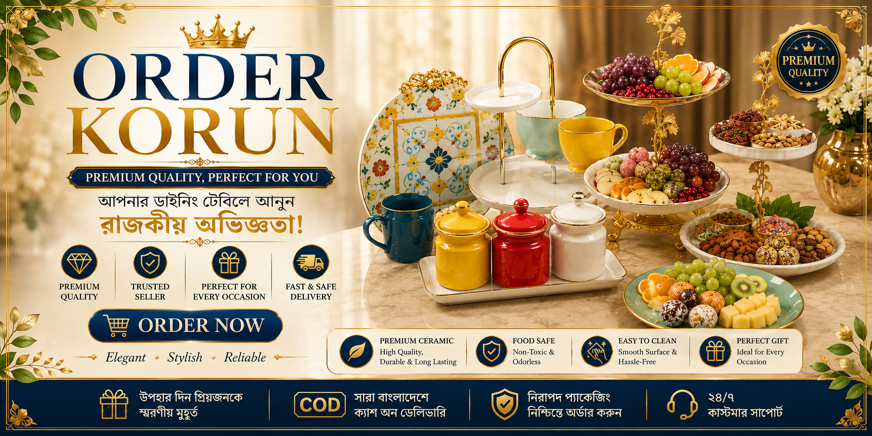 সেরামিক দুই স্তরের ফল ও কেক রাখার স্ট্যান্ড